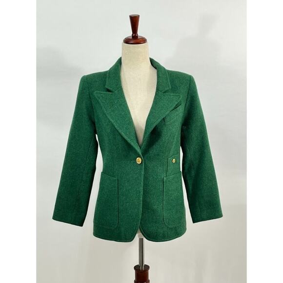 SMYTHE Sz 10 Green Duchess Wool Elbow Patch Suede Trim Jacket Blazer - Picture 2 of 13